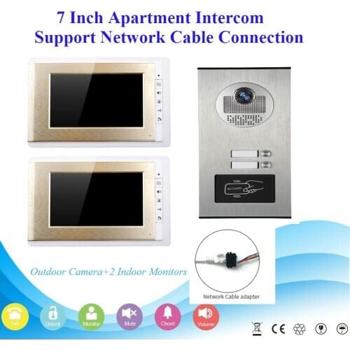 RFID Access Unlock Door Intercom 7 Inch Monitor No Power Wired Network Cable Apartment Video Door Phone Doorbell Intercom Kit
