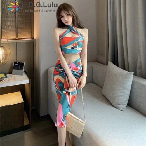 EDGLuLu Women Summer Backless Lace-up Crop Top+ Drawstring Ruched Midi Skirt Boho Print Beach Two Piece Set Women Skirt 0415