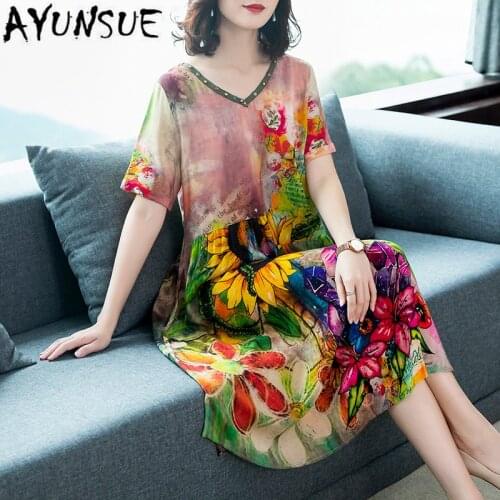 AYUNSUE Real Silk Summer Dress Plus Size Dress Floral Printed Elegant Midi Ladies Dress Casual V Neck 4xl Vestidos Pph27