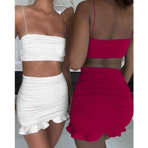 Summer 2020 Women Set Spaghetti Strap Crop Top White Sexy And Mini Bodycon Skirt Ruffles Party Outfit Club Two Piece Sets