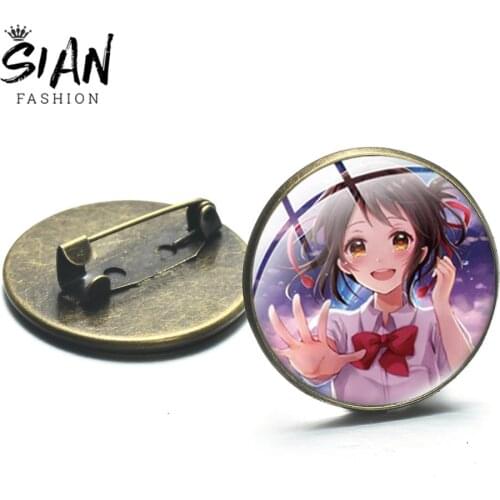 SIAN Hot Sale Anime Mix Your Name Art Badges Your Name Cartoon Character Round Glass Cabochon Brooches Men Women Lapel Pin Gift