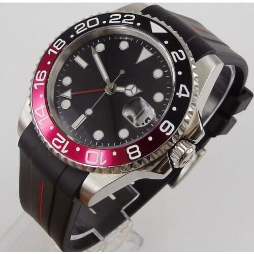 PARNIS Automatic Mens Wristwatch GMT Date Rubber Band Nologo Dial Stainless Steel Case