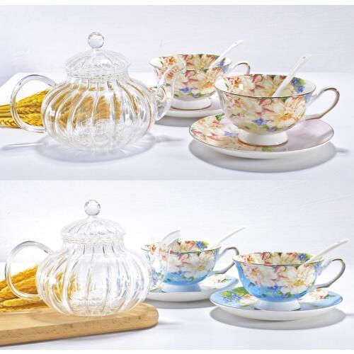 2pcs set, pumpkin glass tea pot and bone china espresso cups with saucer, cafe teapot set, porcelain tea ceremony set, present