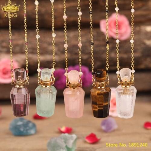 Natural Amethsts Quartz Tiger Eye Stone Gold Perfume Bottle Essential Oil Pendant Necklace Women Gemstones Vial Necklace Jewelry