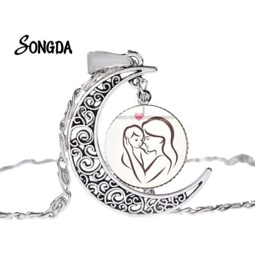 Mom Love Baby Necklace Cartoon Figure Mom Baby Family Love Art Picture Glass Cabochon Hollow Moon Pendant Necklace Women