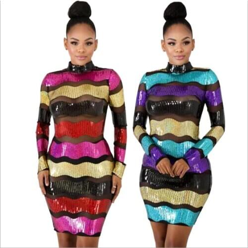 Africa Sheer Striped Sequin Dress Women Turtleneck Long Sleeve Bodycon Mini Dress Elegant Club Sparkly Party Dresses Vestido