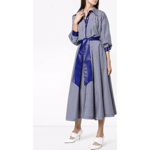 Clearance Blue Plaid Long Sleeve Shirt Dress Office Ladies Elegant Gingham Retro Pleat Sashes Midi Dresses Femme Robes Tunics
