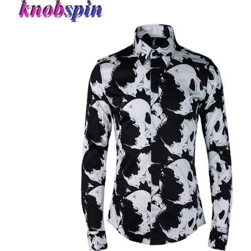 Skull Printed Shirt men 2019 high quality 100% Cotton long sleeve Slim Chemise homme Plus size Business male Dress Shirts Casual