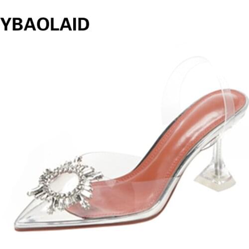 Pure Color Baotou Shallow Mouth Transparent Crystal Heel Sandals Summer New Style Rhinestone Sunflower All-match Stiletto Heels