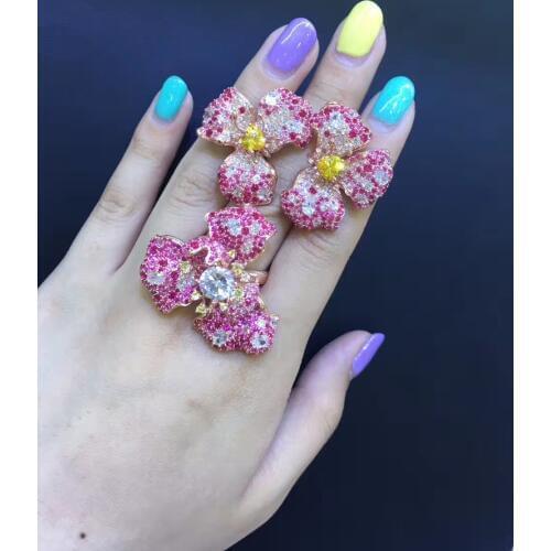 Jewelry set flower earring and ring 925 sterling silver with cubic zircon fine women jewelry cute free shipping adjustable