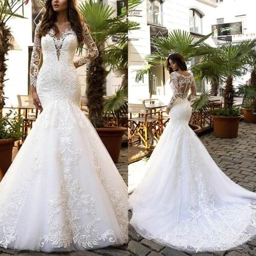 2020 Fabulous Lace Mermaid Wedding Dress With Illusion Long Sleeves Wedding Reception Plus Size Bridal Gowns