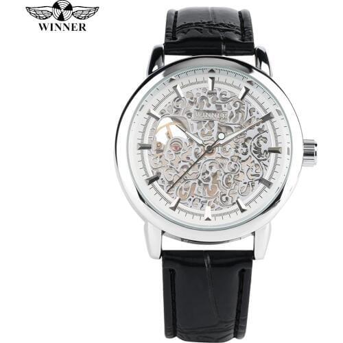 Stylish Silver Hollow Case Hand-wind Mechanical Watch for Men Black Leather Band Watches for Teenagers Creative Gift Watches