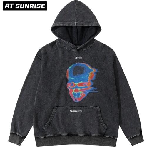 Men women Hip Hop Oversize Washed Hoodie Sweatshirt Streetwear Doodle skull Print Pullover Harajuku Cotton Sweat Shirt Black