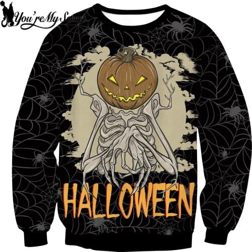 [You're My Secret] Halloween Harajuku Dark Gothic Punk Sweatshirt Women Men Loose Skull Printed Streetshirt Tops Plus Size