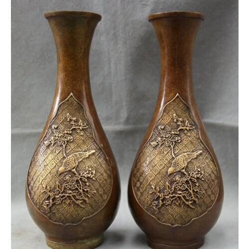 USPS to USA S1858 11 " China Chinese Bronze Folk qian long flower bird Bottle Vase Feng Shui pair