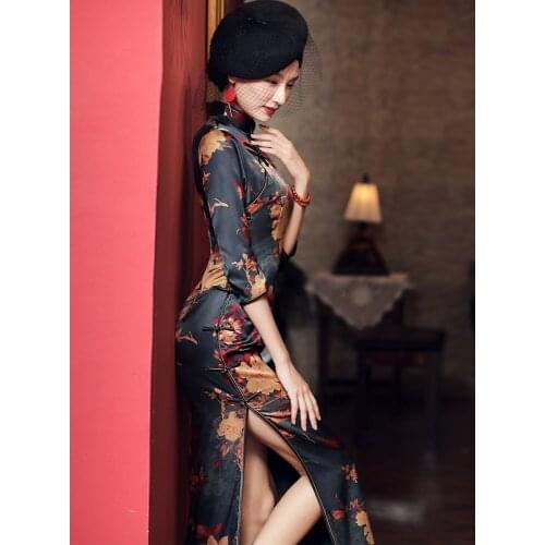 Qipao Evening Dresses Silk Cheongsam Dress Black Printing Large Size Cheongsams HighEndTraditional Qipao Chinese Dress