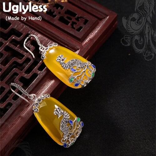 Uglyless Real 925 Sterling Silver Nature Chalcedony Yellow Earrings Women Enamel Bijoux Ethnic Brincos Marcasite Peacock Jewelry