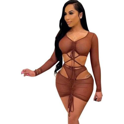 2021 Summer Sexy Sheer Mesh Bandage Dress Sets Club Two Piece Outfits Short Suits Asymmetrical Skirt Matching Sets Female