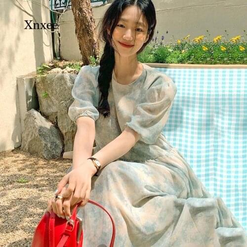 2021 Summer Tie Dye Women Dress Korean Retro Elegant O Neck Ink Halo Dyed Print Waist Slim Bubble Sleeves Long Chiffon Dresses