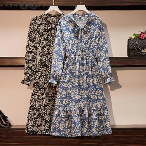 Autumn Spring Fashion Women Printed Floral Vintage Chiffon Dress AFemale Vestido Long Sleeved Elastic Waist Casual Dresses