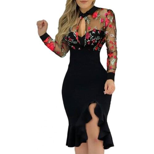 Formal Dress Women Elegant Embroidery Ruffles Hem Sexy Net Yarn See Through Sequined Flower Pattern Split Hem Dress Wedding