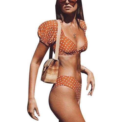 2020 Split Swimsuit Sexy Bubble Sleeve Wave Point V-neck Bikini Womens split swimwear sexy women bathing suit push up beachwear