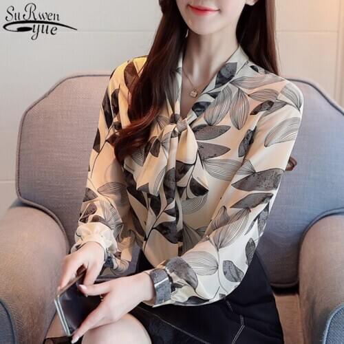 2021 Autumn Women Office Elegant Bow Printing Shirt Women Button Cardigan Ladies Tops Floral Long Sleeve Chiffon Shirt 10748