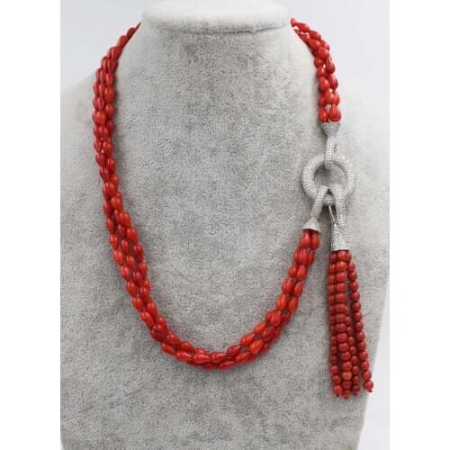 3rows red coral drop 3*8mm necklace 19inch wholesale beads nature FPPJ woman 2017