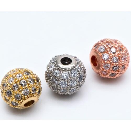 4pcs CZ Paved Round Beads 8mm, Gold/ Rhodium/ Rose Gold Plated Brass, Big Hole Spacer Beads (GB-2327)