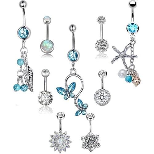 9 Pcs 14G Stainless Steel Dangle Belly Button Rings Set for Women Girls Navel Barbell Body Jewelry Piercing
