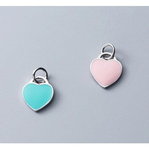 925 Sterling Silver Dangle Heart Charm Fit Necklace Bracelets DIY Jewelry Brand Designer Pink/Blue Drop Glue Craftwork Pendant