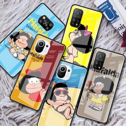 Tempered Glass Case For Xiaomi Mi Poco X3 NFC 10T Pro Note 10 Lite 9T 11 CC9 F3 Luxury Phone Cover Shell Cartoon Mafalda Girl