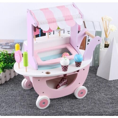 Wooden Kitchen Toys Play House Simulation Ice Cream Stroller Children Shopping Cart Toy Supermarket Cart
