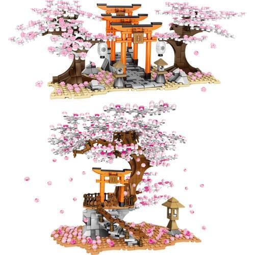 City Street View Idea Sakura Inari Shrine Bricks Friends Cherry Blossom Technic Creator House Tree Building Blocks ToysFor Kids