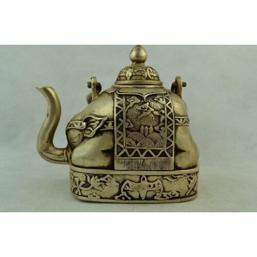 Collectible Hand Old White Copper & Miao Silver Carving Elephant Big Tea Pot