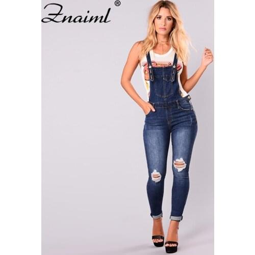 Znaiml Bib Bodycon Denim Jumpsuit Women Casual Knee Ripped Rompers Back Lace Up Trends Jeans One Pice Playsuit Overall Outfits