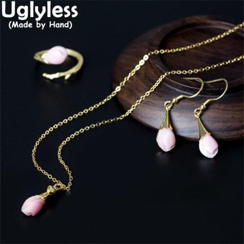 Uglyless Natural Pink Shell Floral Jewelry Sets for Women Elegant Magnolia Flowers Earrings Necklaces Rings 925 Silver Pendants