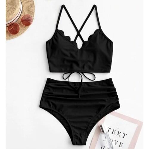 Swimsuit Female Bikini Set Beach Wear Push Up High Waist Women Sexy Scalloped Lace-up Ruched Tankini Swimsuit Beachwear Biquini