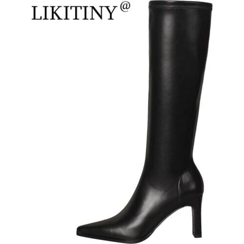 LIKITINY 2021 Spring Autumn Fashion Pointed toe Side zipper Womens shoes Elegant Chunky heels White Black Knee high boots 40
