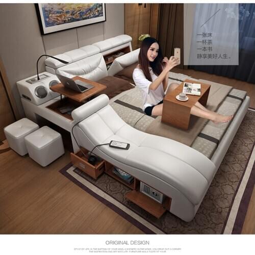 Genuine Leather multifunctional massage bed frame Nordic camas ultimate bed LED light Bluetooth speaker safe radio notepad board