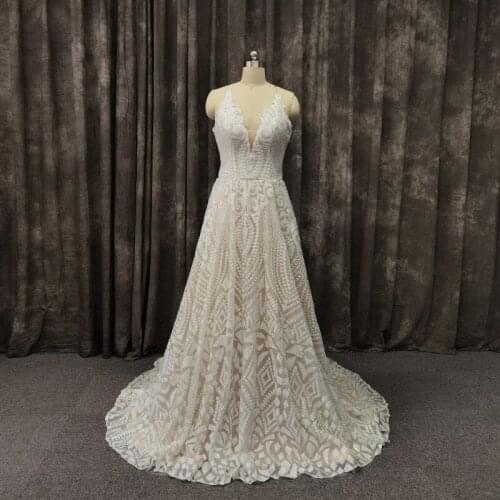 Real Picture Elegant V Neck Backless Sleeveless Sequined Lace Wedding Dress Bridal Gowns