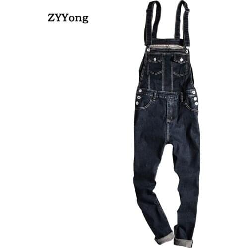 New Fashion Blue Overalls Men Denim Jumpsuit Jeans Bib Cotton Slim Hip Hop Big Pocket Cargo Pants Youth Trousers Clothing