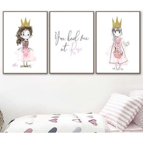 Watercolor Pink Princess Golden Crown Posters and Prints Girl Wall Art Nordic Style Painting Pictures for Girls Kids Room Decor