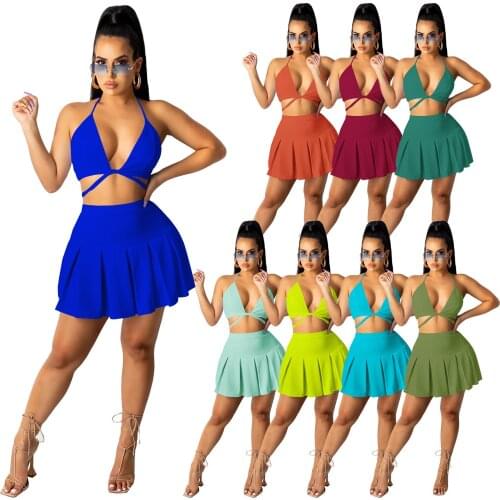Sexy Two Piece Set Fashion Sling Halter Bandage Backless Pleated Skirt Party Club Streetwear Matching Suits Women Summer