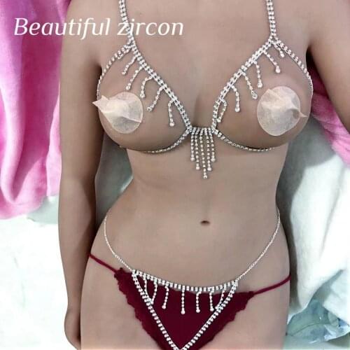 Sexy womens luxury Rhinestone bra set fashion shining crystal thong underwear adjustable tassel body jewelry body chain accesso