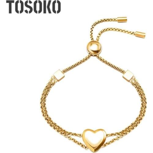 TOSOKO Stainless Steel Peach Heart Sliding Bead Double Layer Bracelet Heart Shaped Small Square Jewelry For Female BSE056