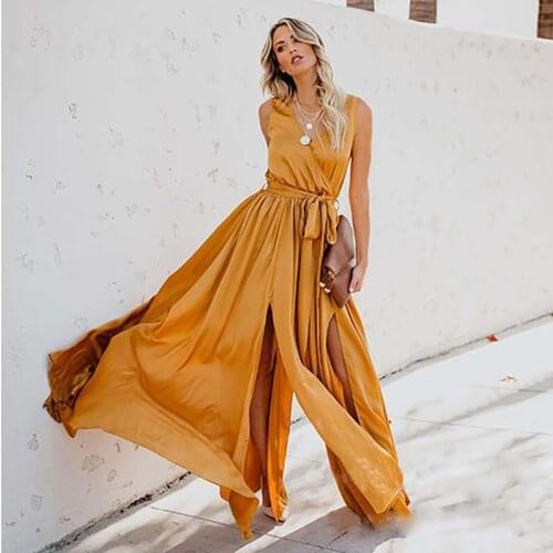 Yellow Dress Long Maxi Dress Plus Size Sleeveless V Neck Lace Up Split Casual Loose Dress 2021 Ladies Elegant Bohe Beach Dress