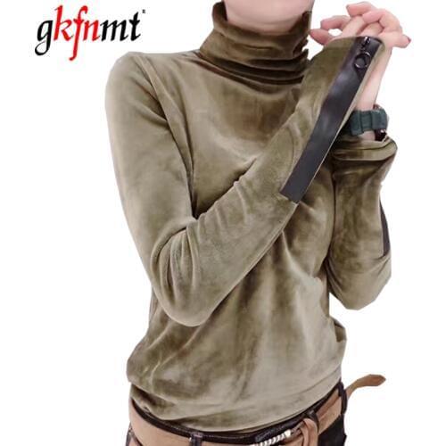 Gkfnmt T shirt Women Autumn Winter 2021 Womens Tops Army Green Long Sleeve Velvet T-shirt Womens Turtleneck Tee Shirts Femme