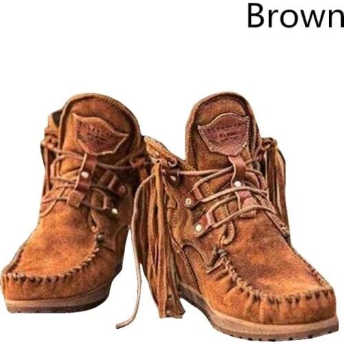 Women Faux Suede Boots Autumn Causal Lace Up Round Toe Female Ankle Boots Vintage Solid Tassel Ladies Cowboy Boots Short Boot