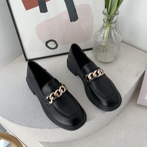 New Slip on Oxford Shoes for Women Shoes Woman Metal Chain Square Platform Shoes Round Toe Loafers Solid Leather Casual Shoes